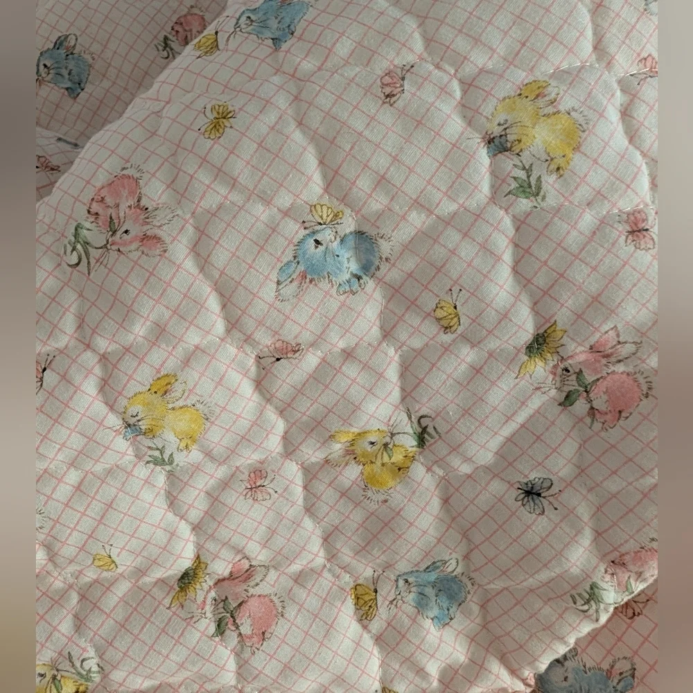 Vintage Handmade Baby Blanket - Adorable Bunnies & Pink Cotton Lace